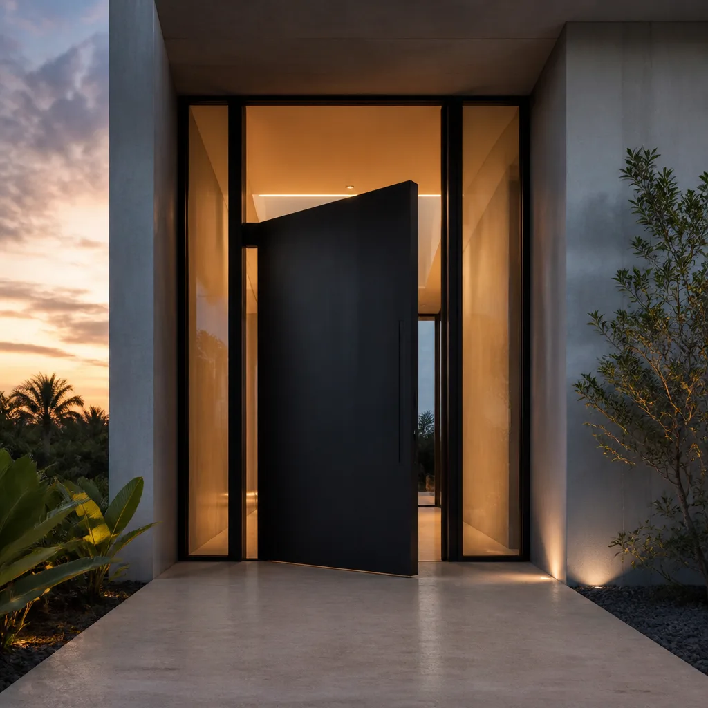 Modern black pivot entry door installation in luxury contemporary home