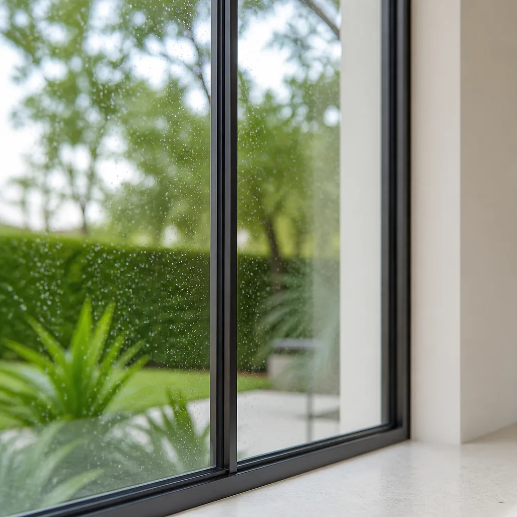 Modern black-framed window installation overlooking a verdant garden landscape