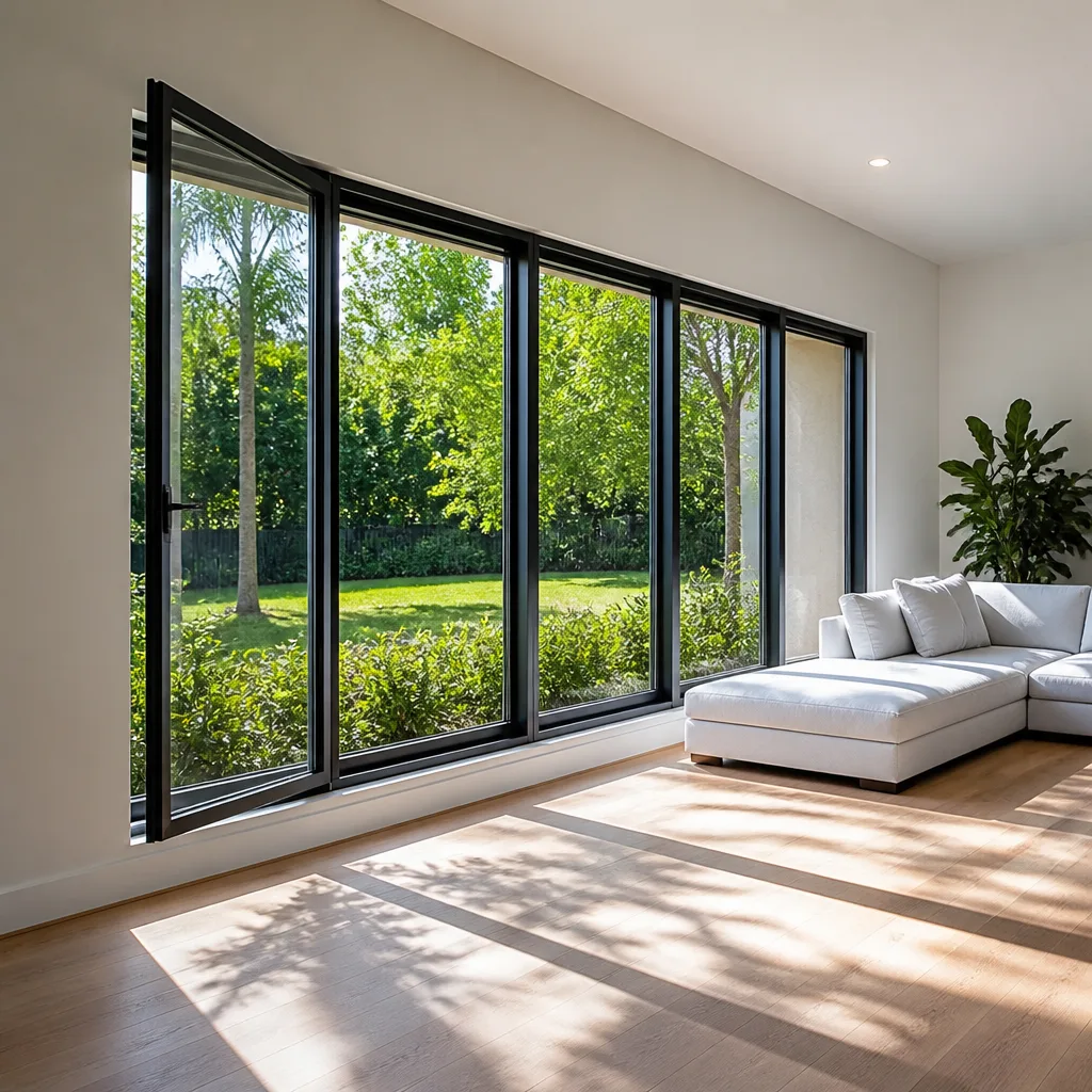Modern black frame window installation in a bright minimalist living room