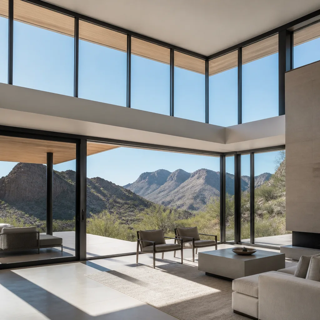 Modern floor to ceiling windows and sliding glass doors in luxury home